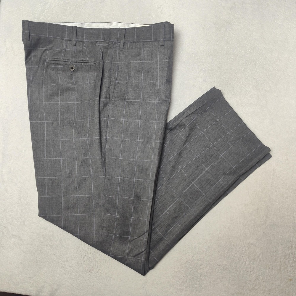 Zanella Pants Mens 42x32 Gray Devon Check Plaid Dress Slacks Work Trousers Suit